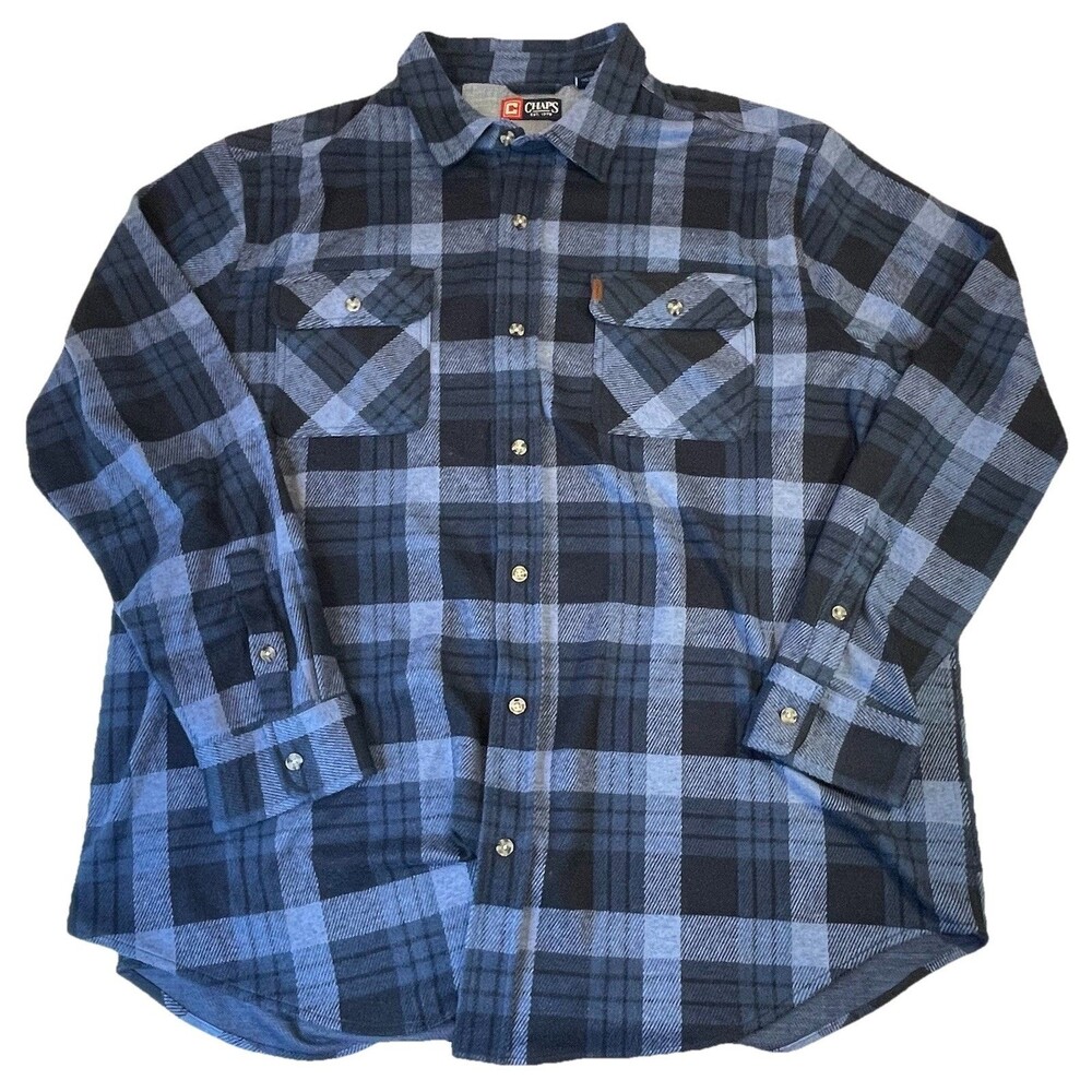 Chaps Ralph Lauren Mens Flannel Button Down Shirt Knit Blue Plaid Size 2XLT Tall